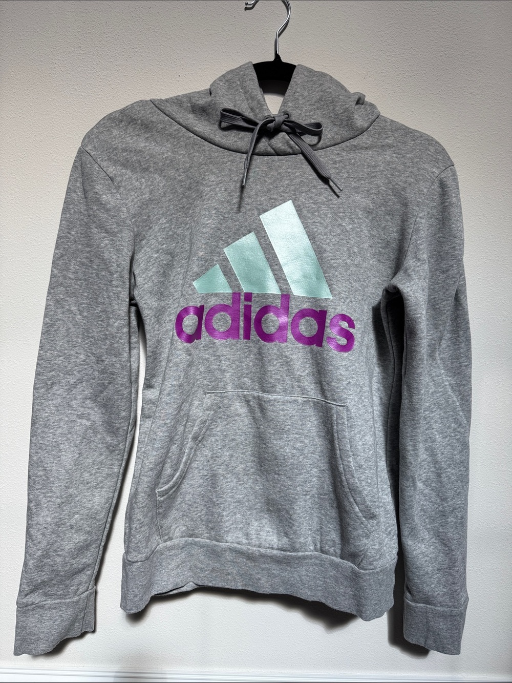 adidas Gray Hoodie with Mint Trefoil and Purple Logo